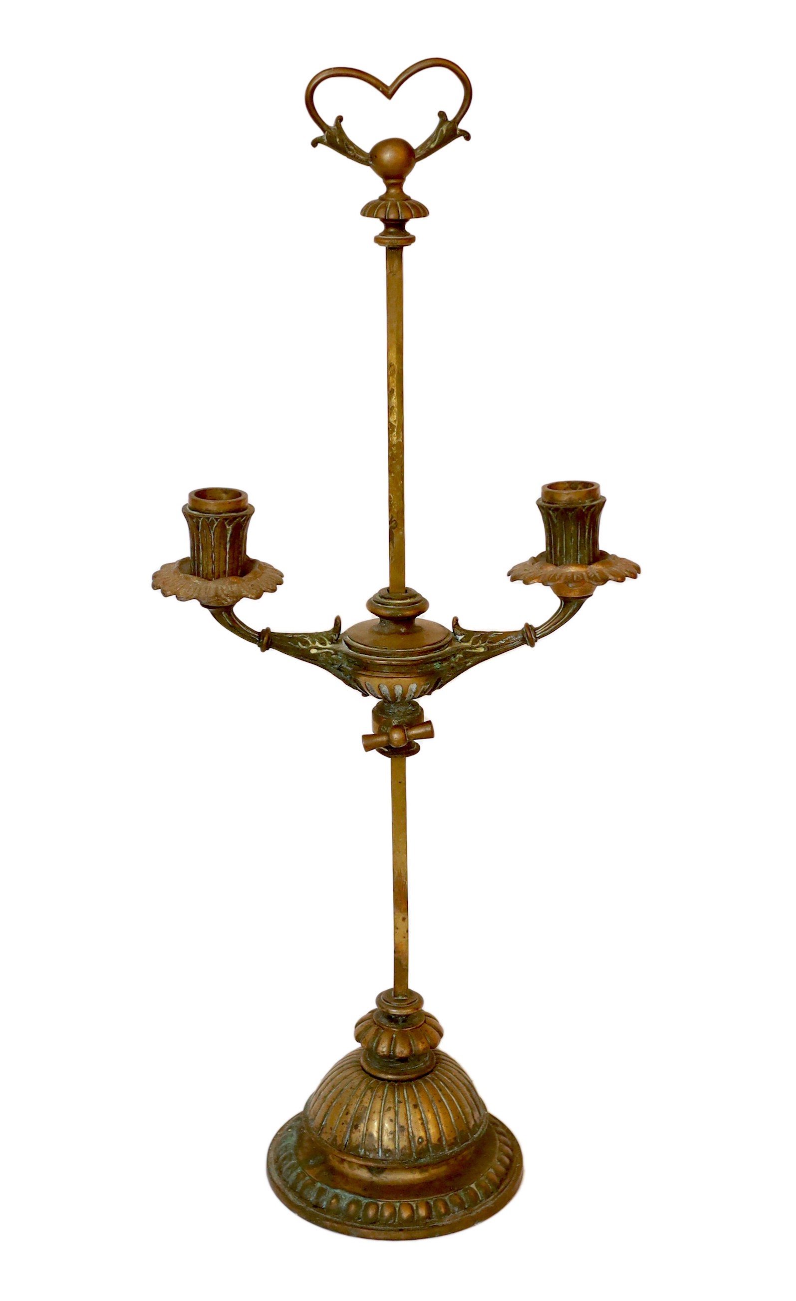 An early 20th century French ormolu adjustable twin branch candelabrum, with loaded base, height 57cm